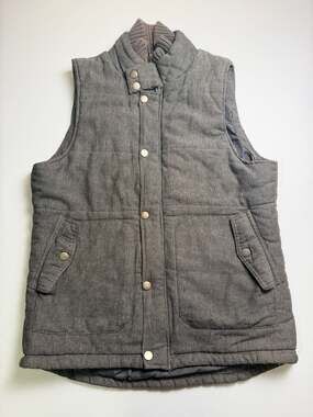 21MEN Gray Herringbone Quilted Puffer Vest Ribbed Collar Full Zip Men’s L